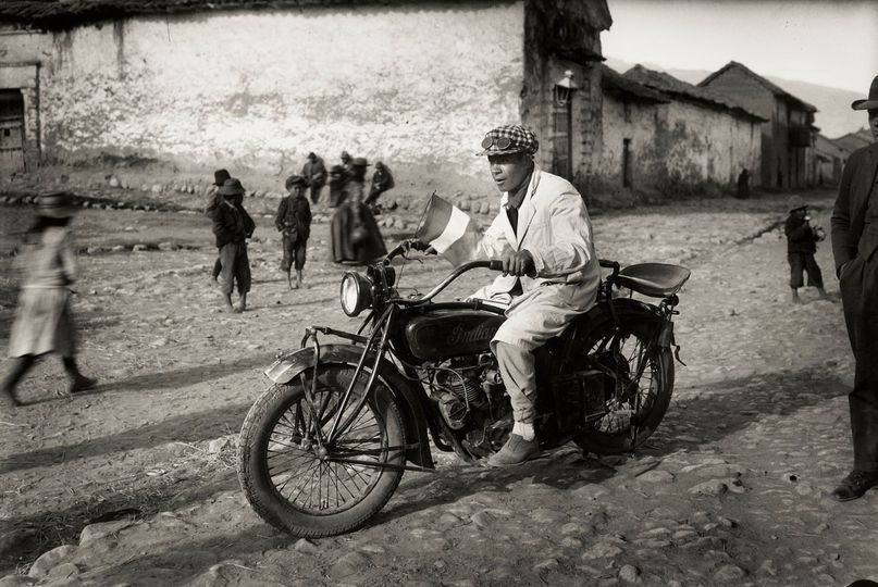 Mario Perez Yáñez on an Indian motorcycle, San Sebastián, Peru, ca. 1936